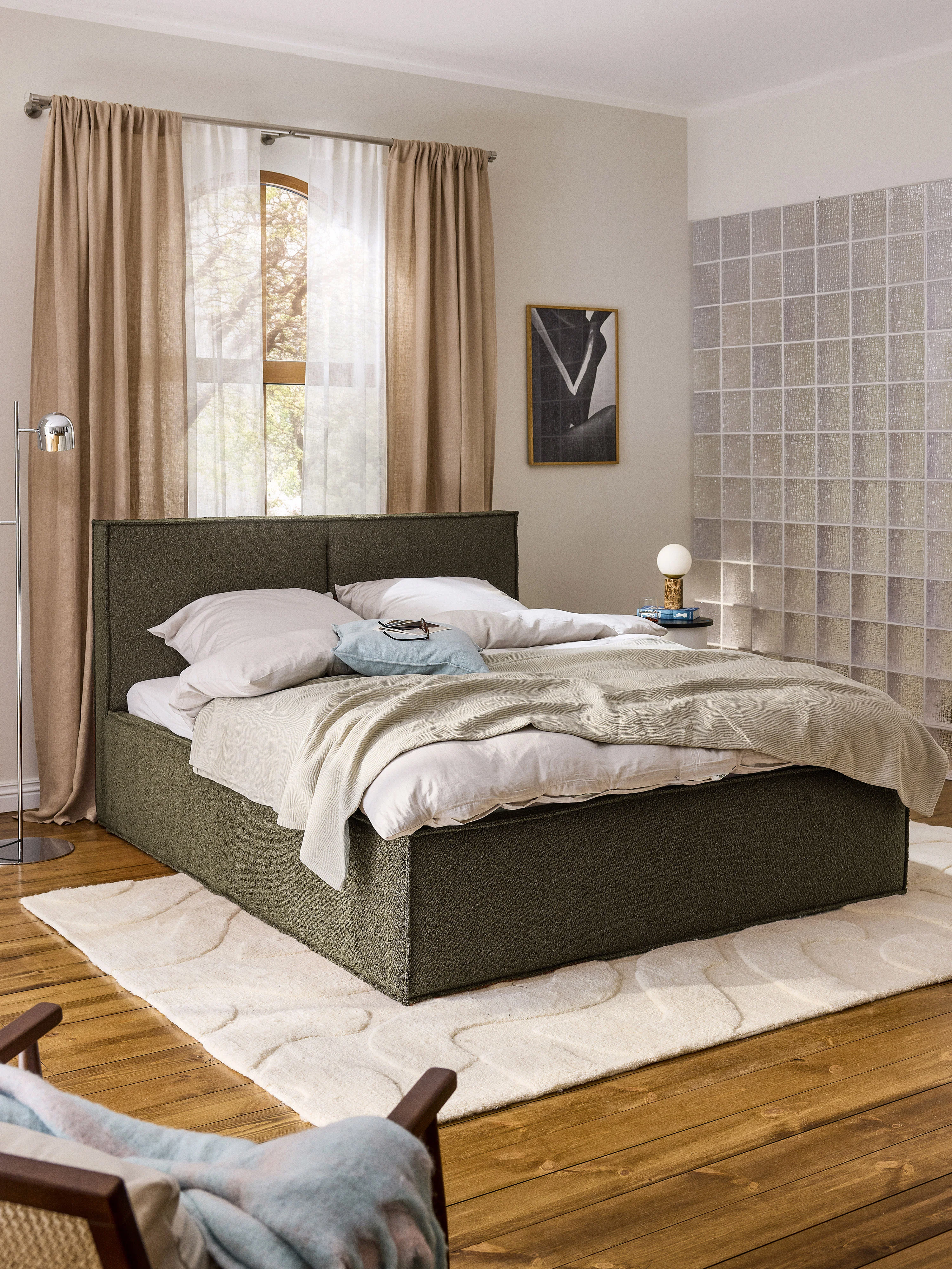 Bouclé gestoffeerd bed Dream met opbergruimte