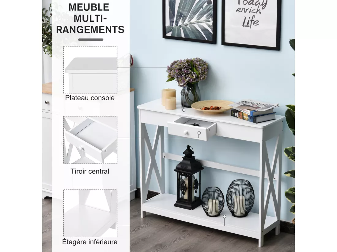 Console style table de drapier néo-rétro tiroir + étagère dim. 100L x 30l x 81H cm MDF blanc