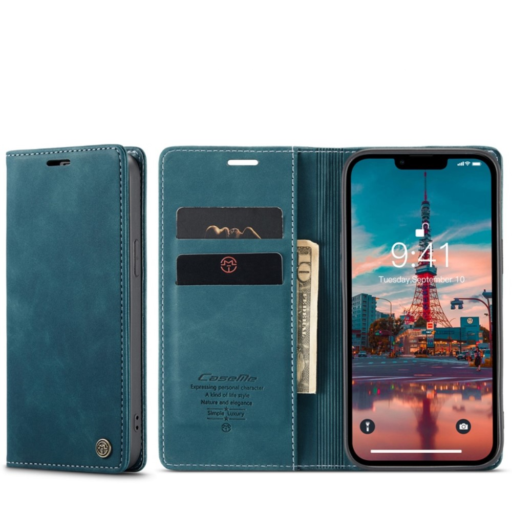 iPhone 14 Leder Tasche Flip Wallet Etui mit Kartenfächern - Blaugrün