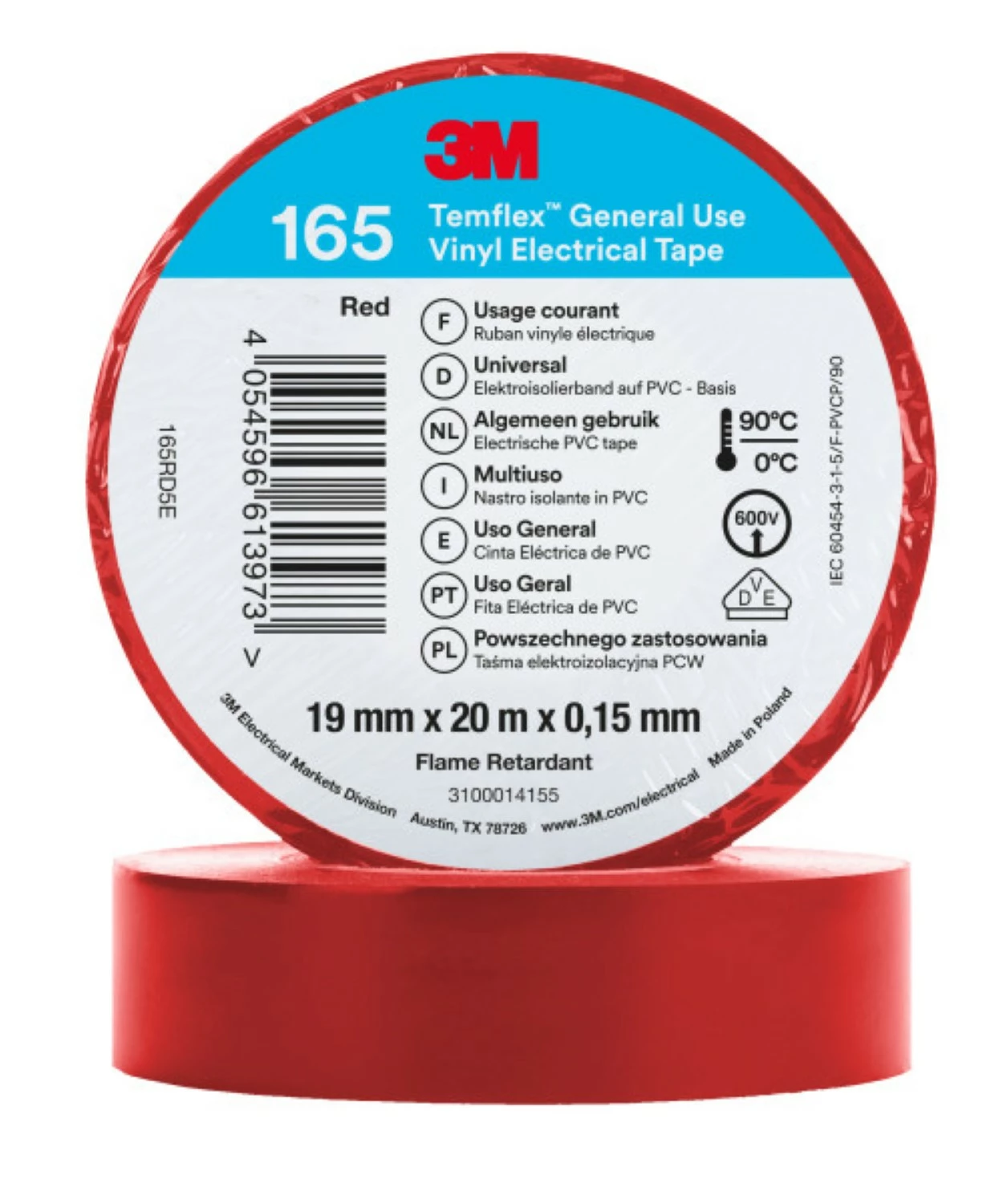 3M 165 Temflex Vinyl isolatietape Rood - 20 m x  19 mm