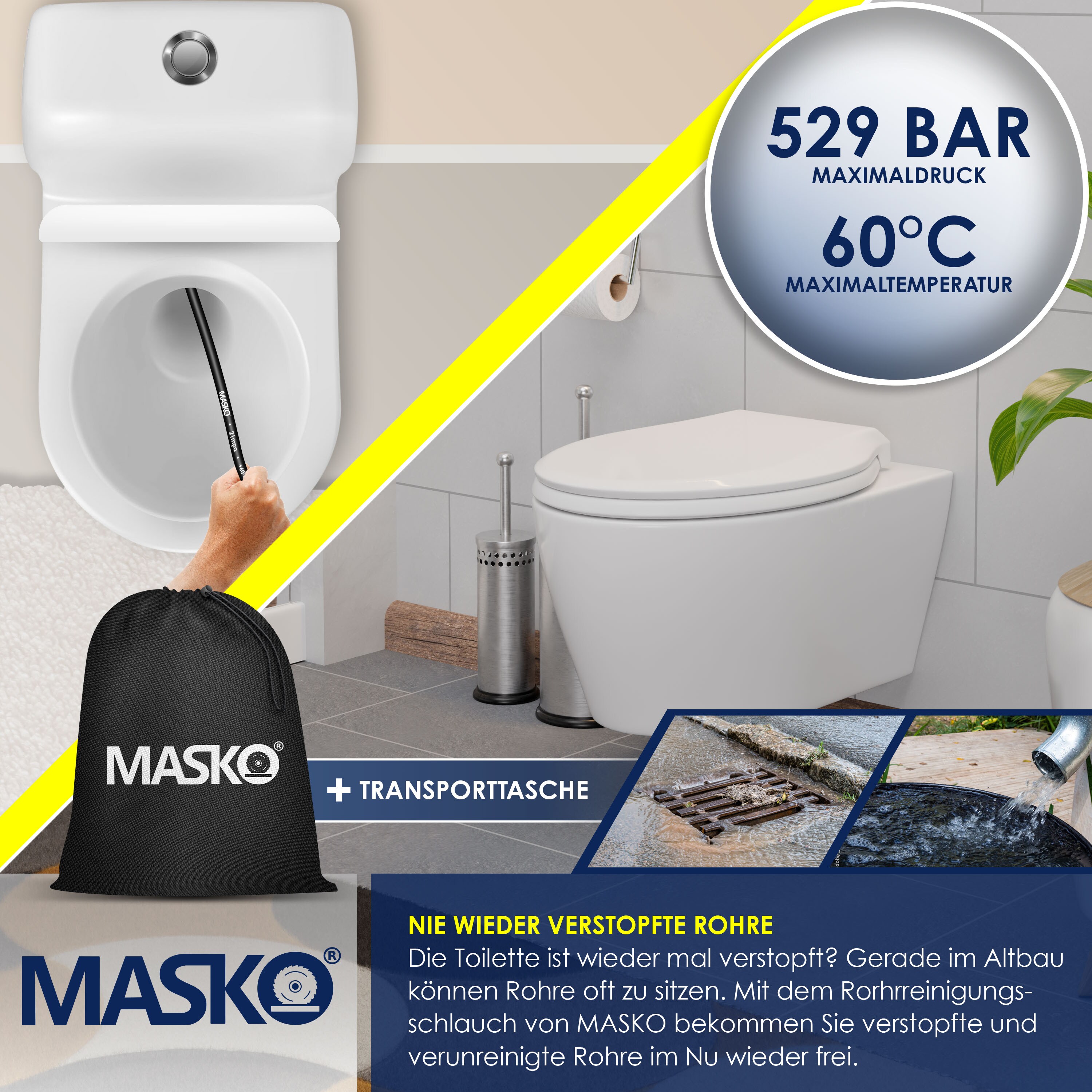 MASKO® Premium Rohrreinigungsschlauch Set Abflussreiniger 200 bar inkl. Tasche 3 Adapter 2 Düsen + rotierend kompatibel mit Kärcher k2-k7 LAVOR Hochdruckreiniger universal Rohrreinigungsset