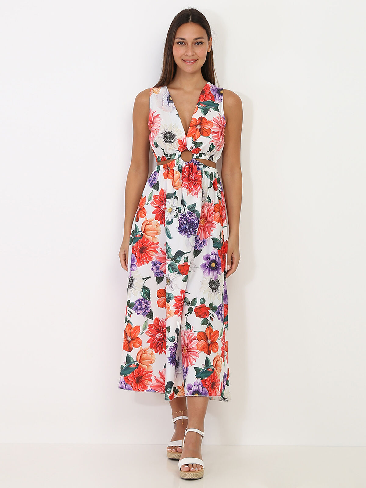 Robe longue blanche à fleurs avec anneau et découpes Blanc- Blanc