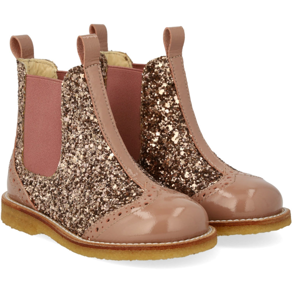 Køb Angulus Clay/Clay Glitter/Rosa Chelsea Støvle Med Glitter Og Brogues Detaljer