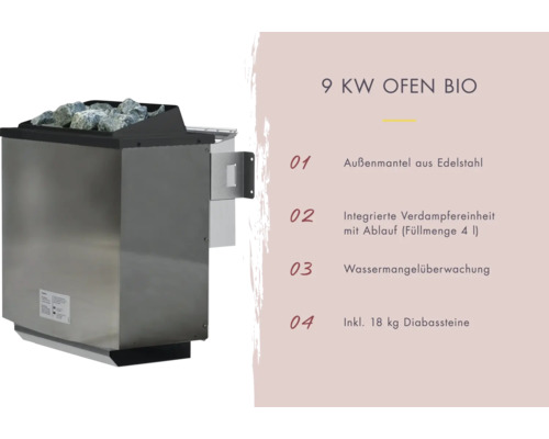 Elementsauna Karibu Melanit 1 incl. 9 kW biooven en externe bedieningseenheid, zonder dakrand en grafietkleurige volledig glazen deur