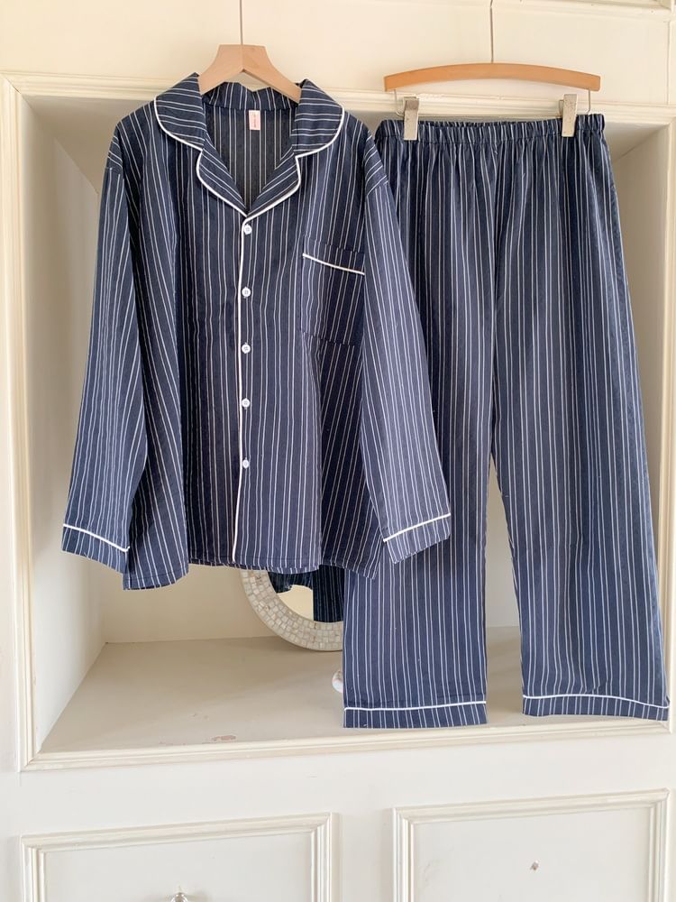 Tanee - Bijpassende pyjamaset voor koppels: top met lange mouwen, kraag, strepen en knopen + broek (verschillende ontwerpen)