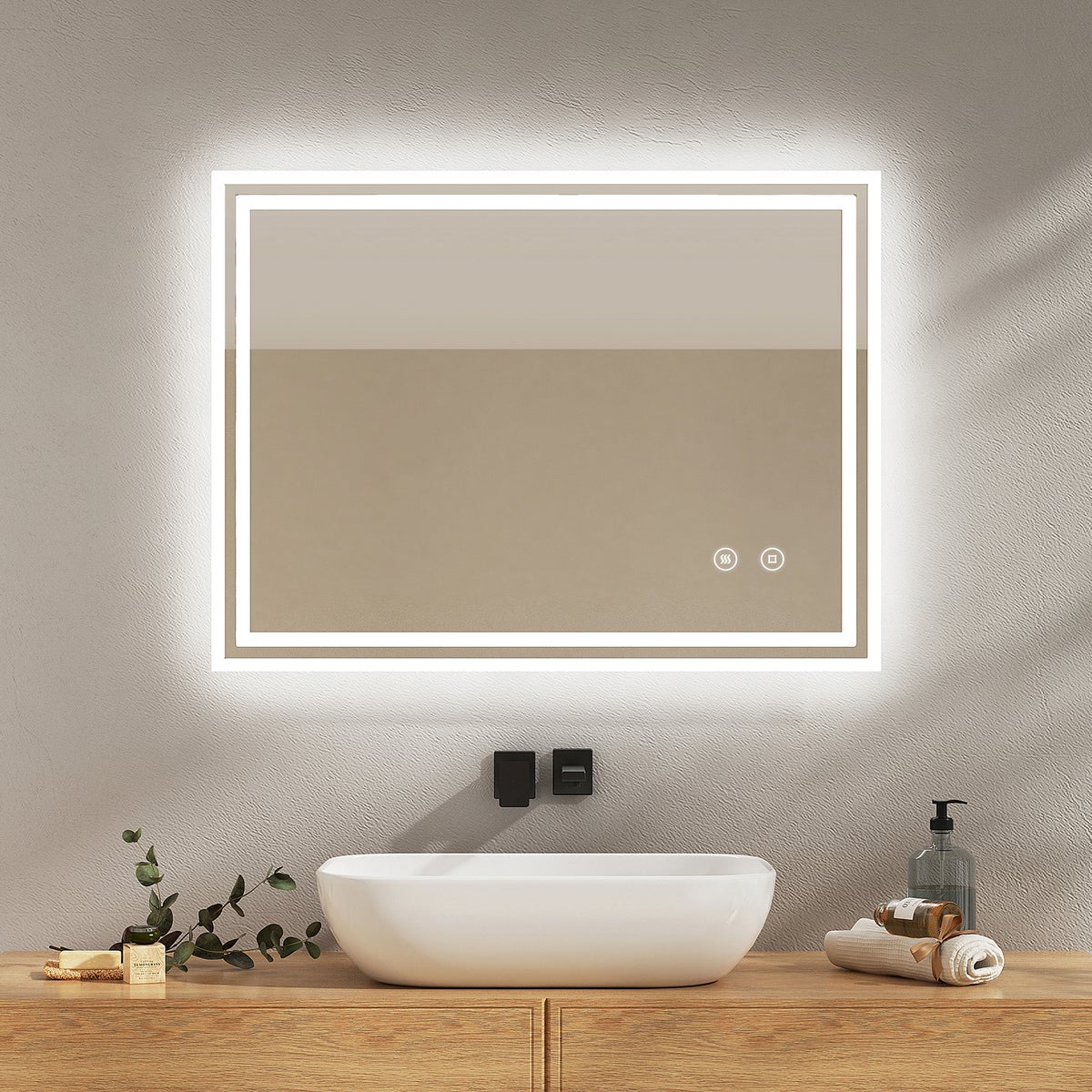 EMKE Badkamerspiegel met verlichting, LED-spiegel met aanraakschakelaar, anti-condens, 90 x 70 cm, koel wit
