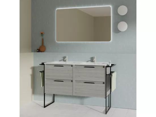 Meuble salle de bain double vasque en bois et métal KEIKO largeur 120 cm gris sablé