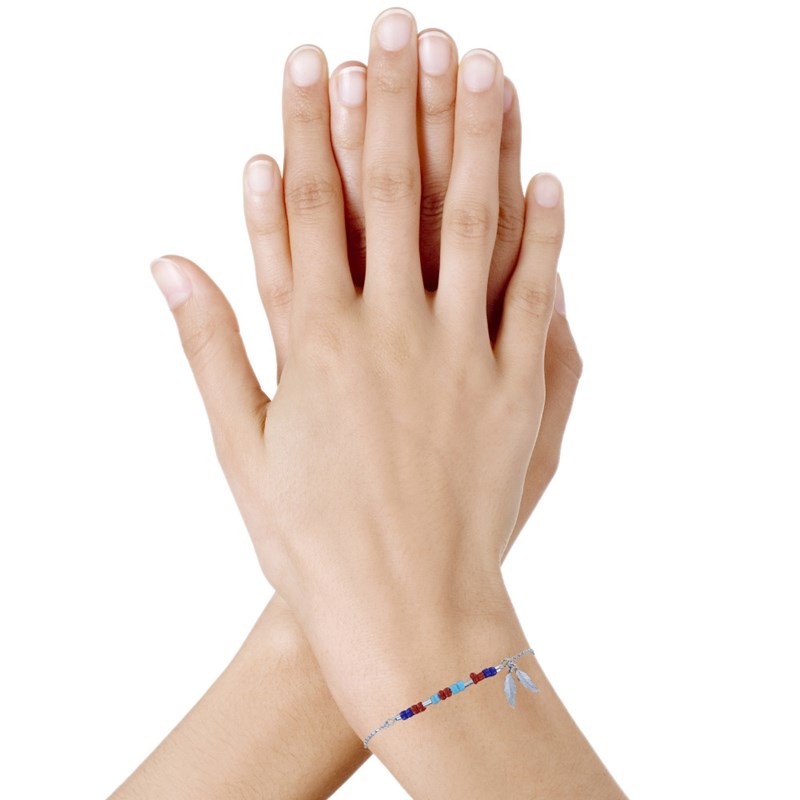 Bracelet Argent Rhodié Petite Plume et Perles Bleu Rouge Turquoise