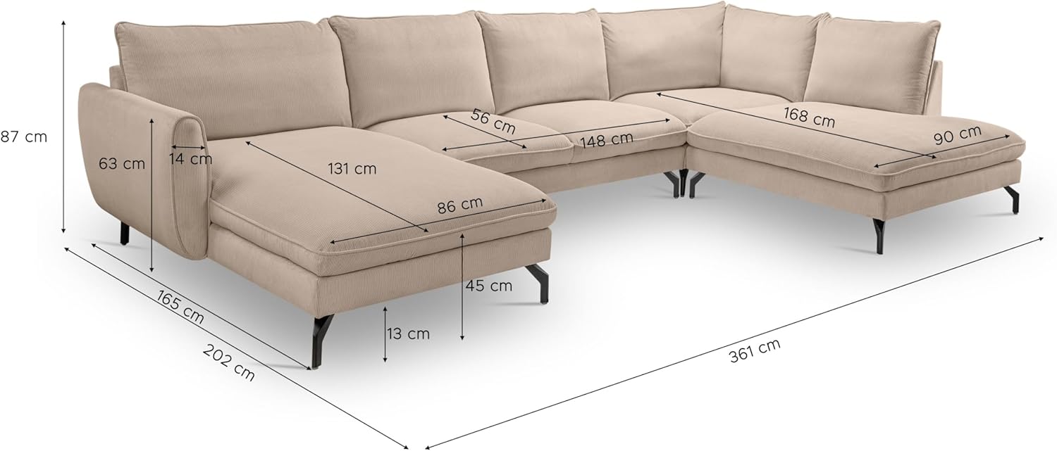 xonox.home Sofa U-Form rechts Toronto Wohnlandschaft Polstersofa Couch Kleincord beige B/H/T: 202x87x361cm