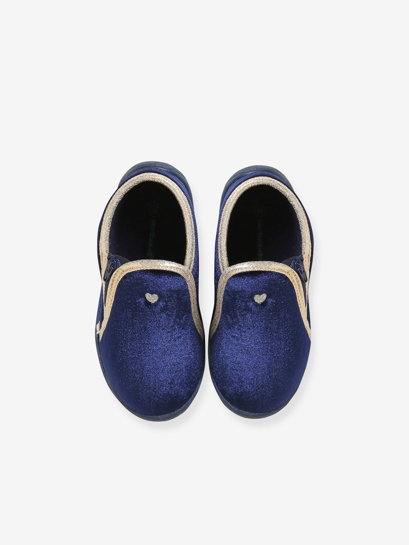 Pantufas de veludo azul para bebê com zíper