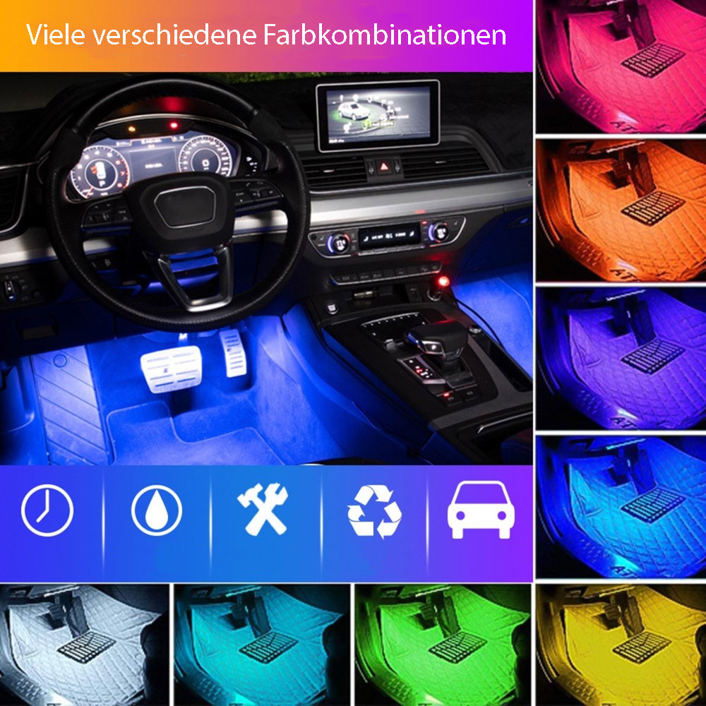 (4er Set) 48 LEDs Auto Licht Streifen RGB Fussraumbeleuchtung für KFZ Innenraum mit Sound Control   Fernbedienung - USB A