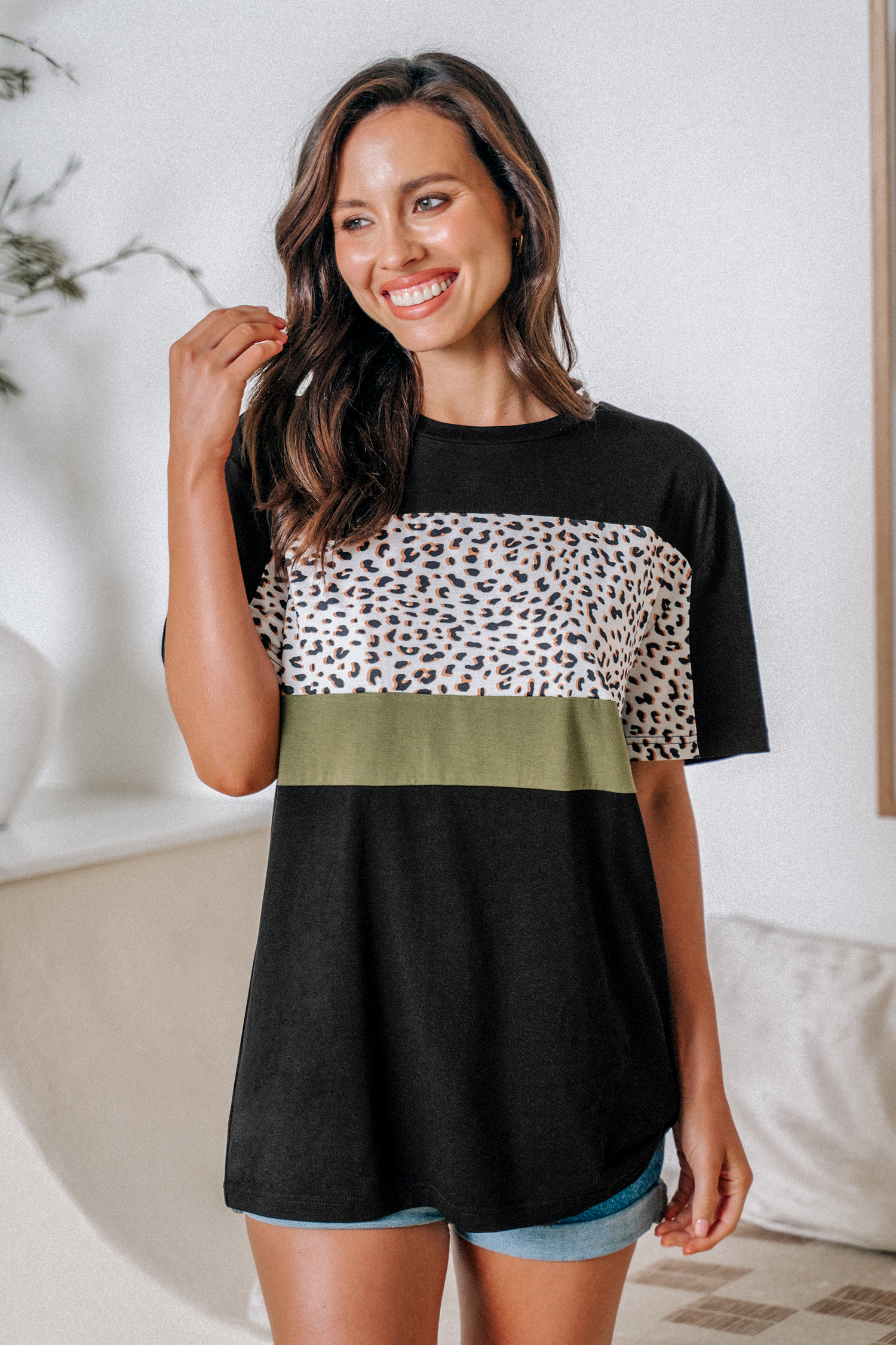 T-shirt en jersey avec manches courtes à imprimé léopard
