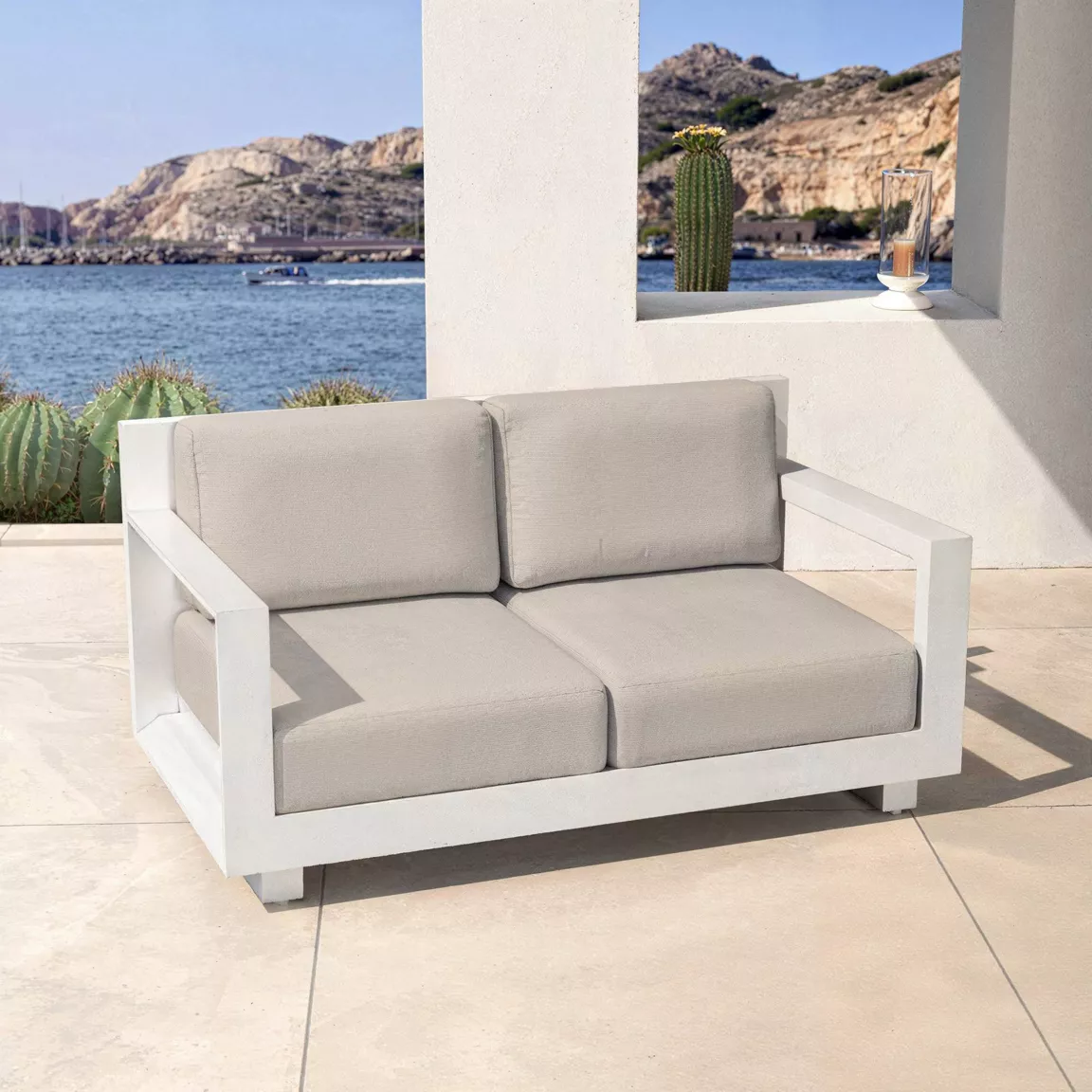 Salon de jardin d'angle aluminium 10 places Elba Blanc et taupe