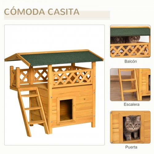 Casinha de madeira natural para gatos PawHut