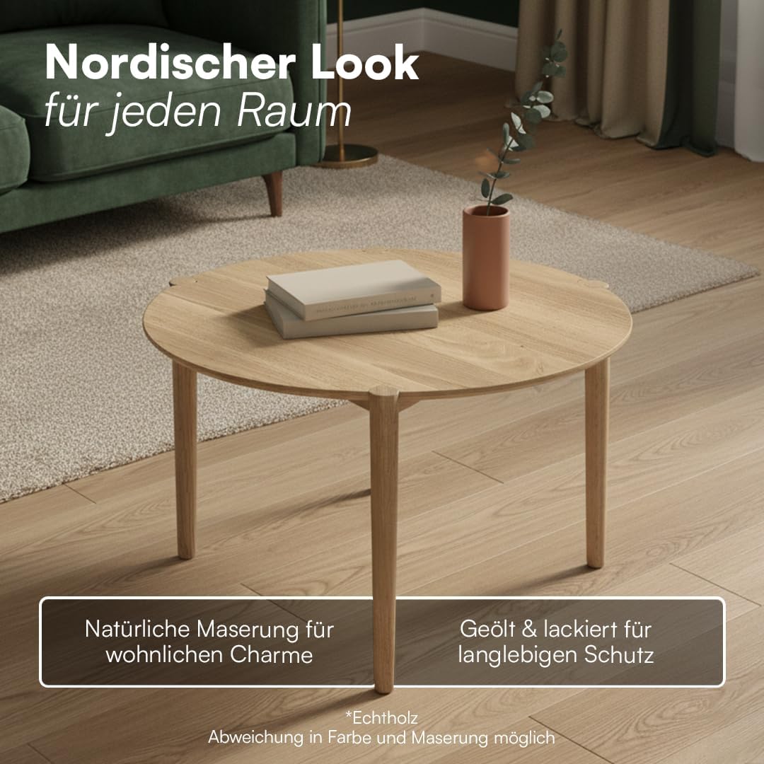 skølm Åsarna Couchtisch rund Ø 70 cm – Wohnzimmertisch aus Eiche Massivholz – Sofatisch Holz mit 3 Beinen – Kleiner Beistelltisch – Holztisch Wohnzimmer – Round Coffee Table – Moderner Kaffeetisch