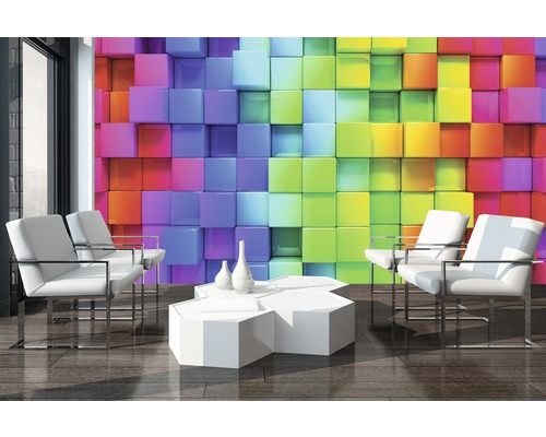 Vliesbehang 3700 VEXXL Kleurrijke vierkanten 3D groen 3-delige set 312 x 219 cm