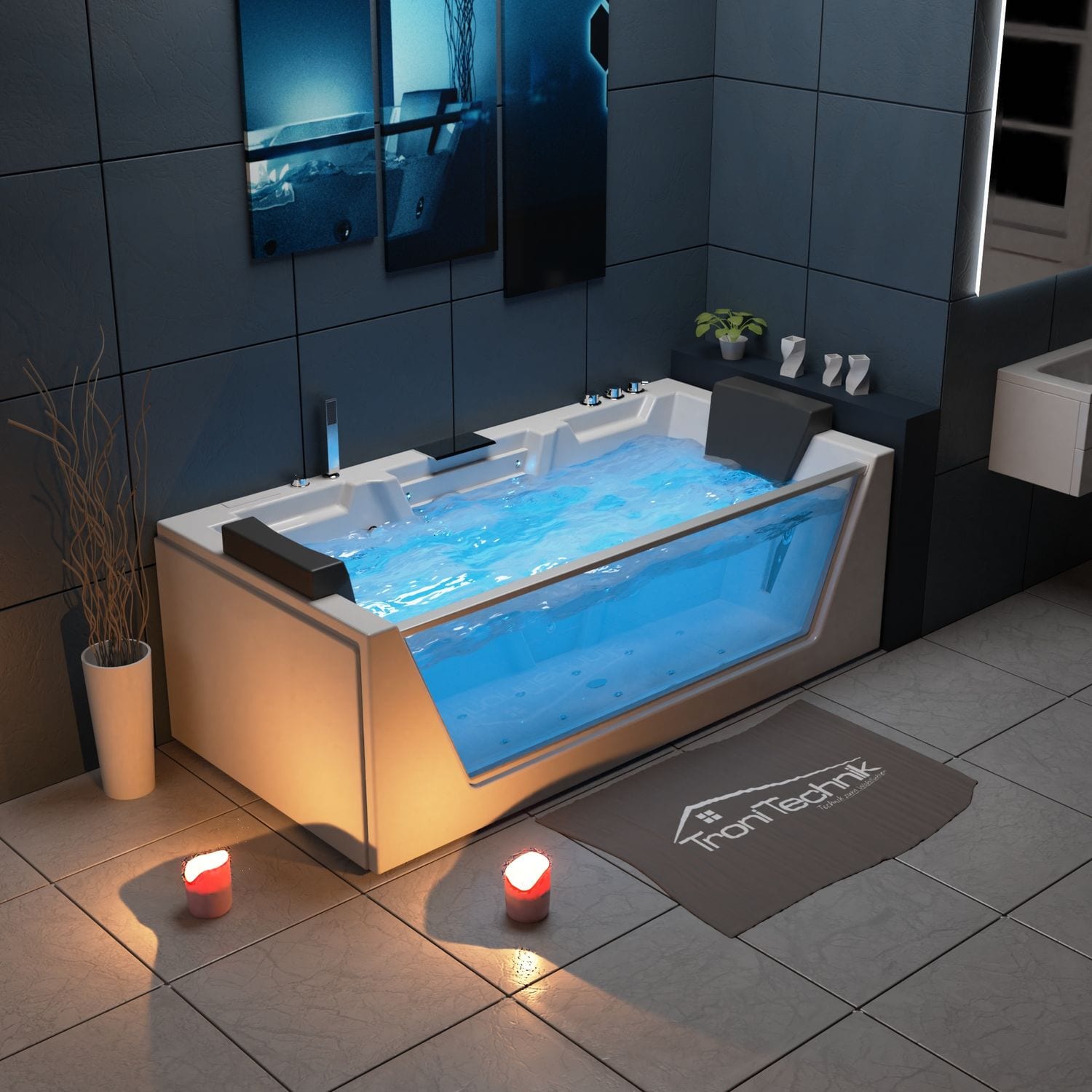 TroniTechnik® Whirlpool Badewanne MYKONOS 180cm x 88cm mit Heizung, Wasserfall, Hydromassage und Farblichtherapie, Sanitäracryl