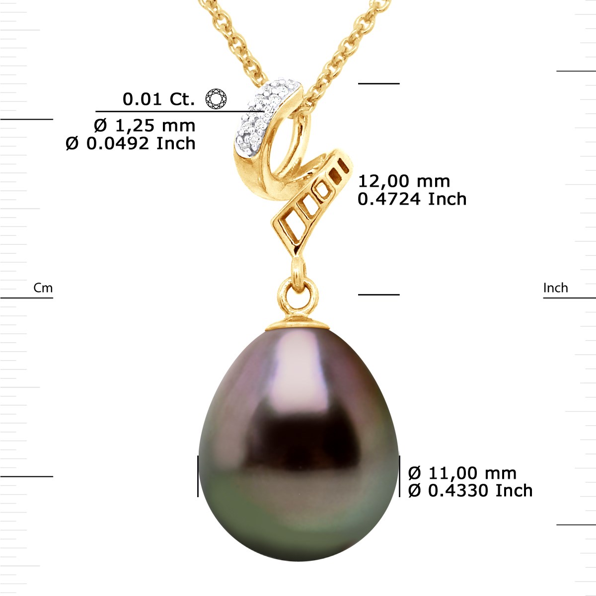 Pendentif VOLUTES - Diamant 0,12 Cts - Véritable Perle de Culture de Tahiti Poire 11-12 mm - Or Jaune