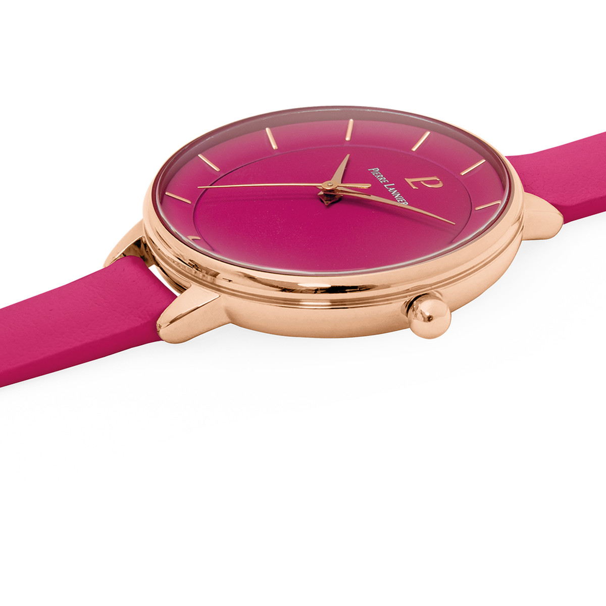 Montre PIERRE LANNIER femme acier doré rose bracelet cuir framboise