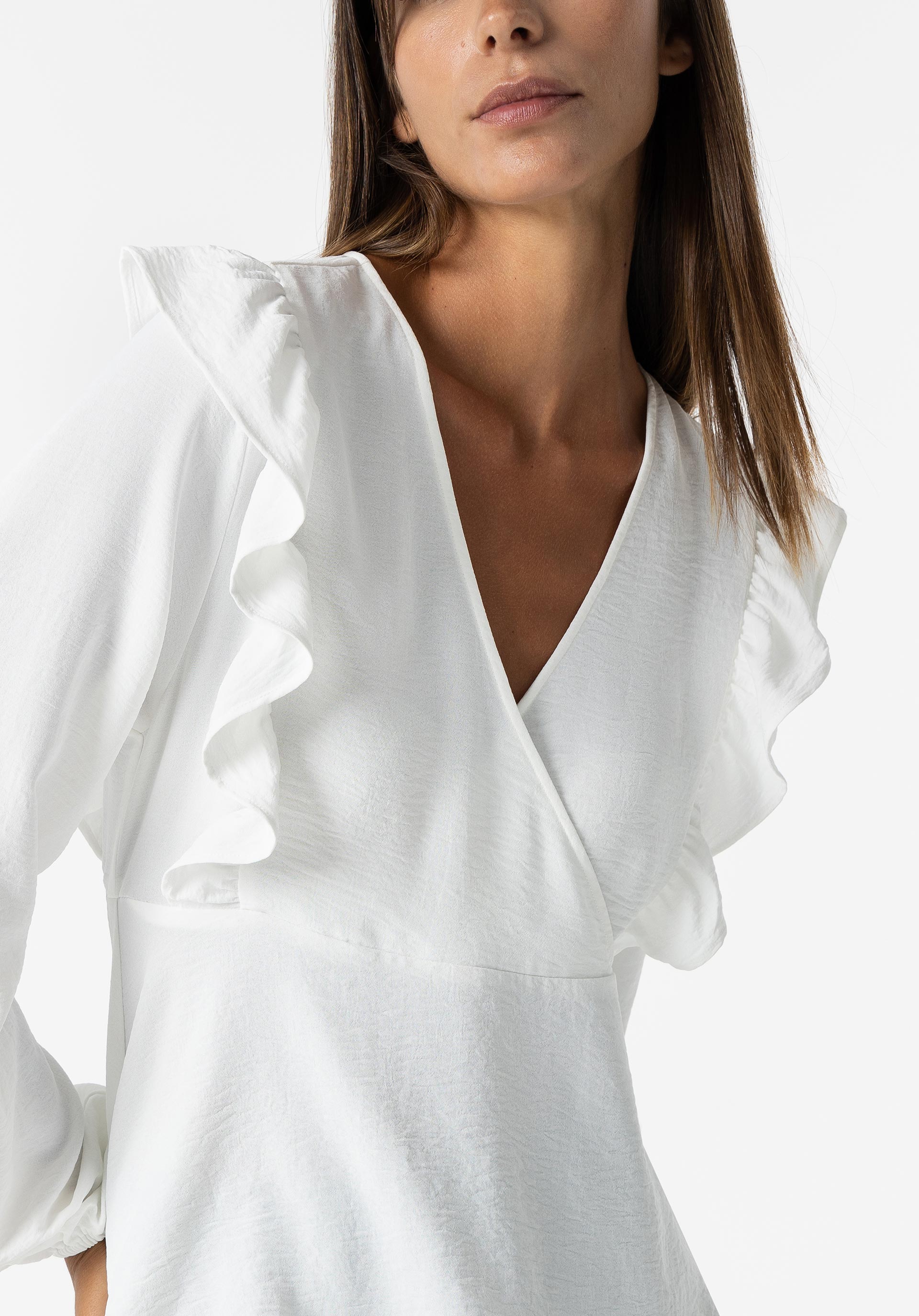 Blusa Efeito Enrugado Cruzada com Folho