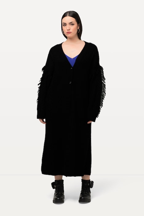 Strickjacke, Fransen, Zopfmuster, Oversized, V-Ausschnitt