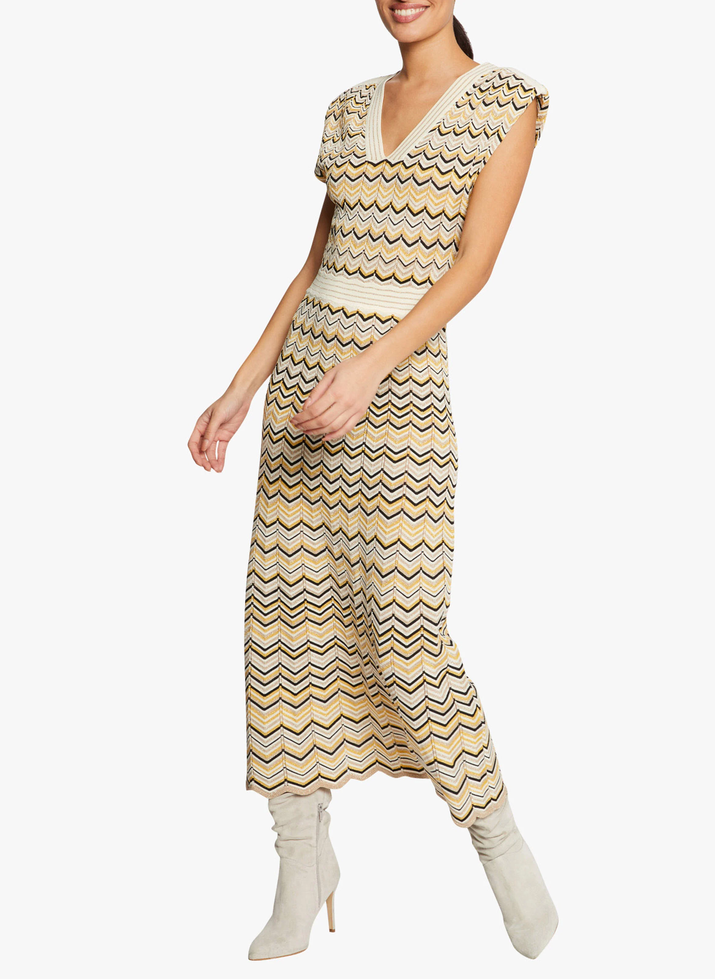 RMBOGI - Robe midi col v jacquard| Jaune