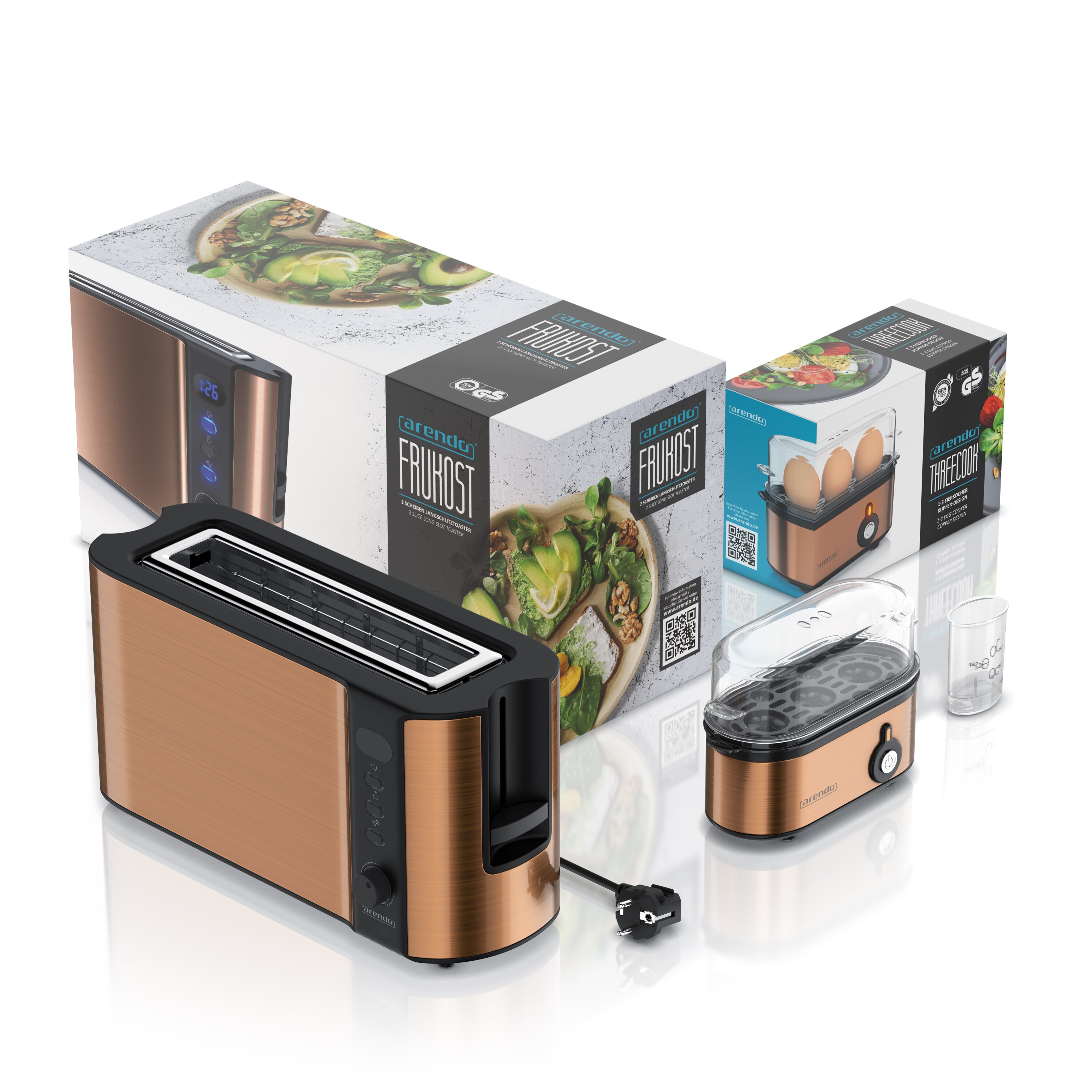 Arendo Frühstücksset, 2-Scheiben Langschlitztoaster, Eierkocher THREECOOK, Kupfer