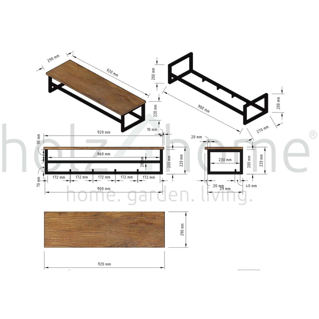 holz4home Wandgarderobe 92 x 22 cm Eiche braun