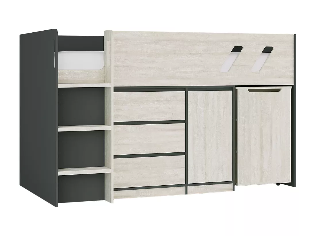 Lit combiné 90 x 190 cm avec bureau et rangements - Coloris : Anthracite et naturel grisé + Matelas - SAGITI