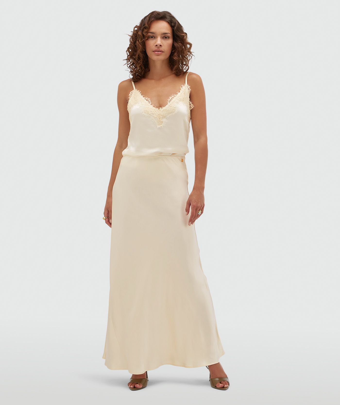 JV-COSETTE high waisted maxi rok in satijn look - light yellow