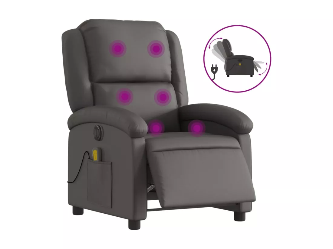 Fauteuil de massage inclinable électrique gris cuir véritable