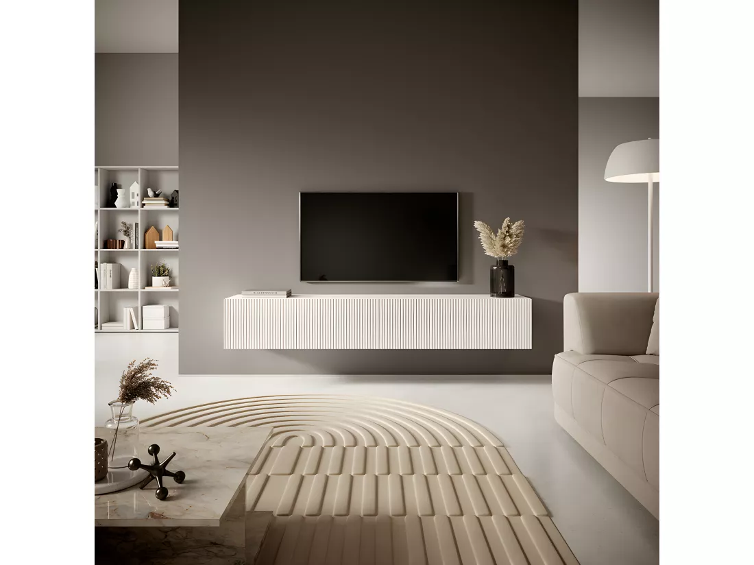 Meuble TV 175 cm blanc avec façade fraisée - VELDIO