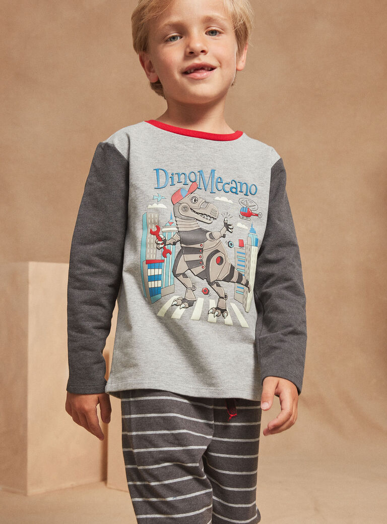 Pyjama gris chiné en molleton gratté et jersey