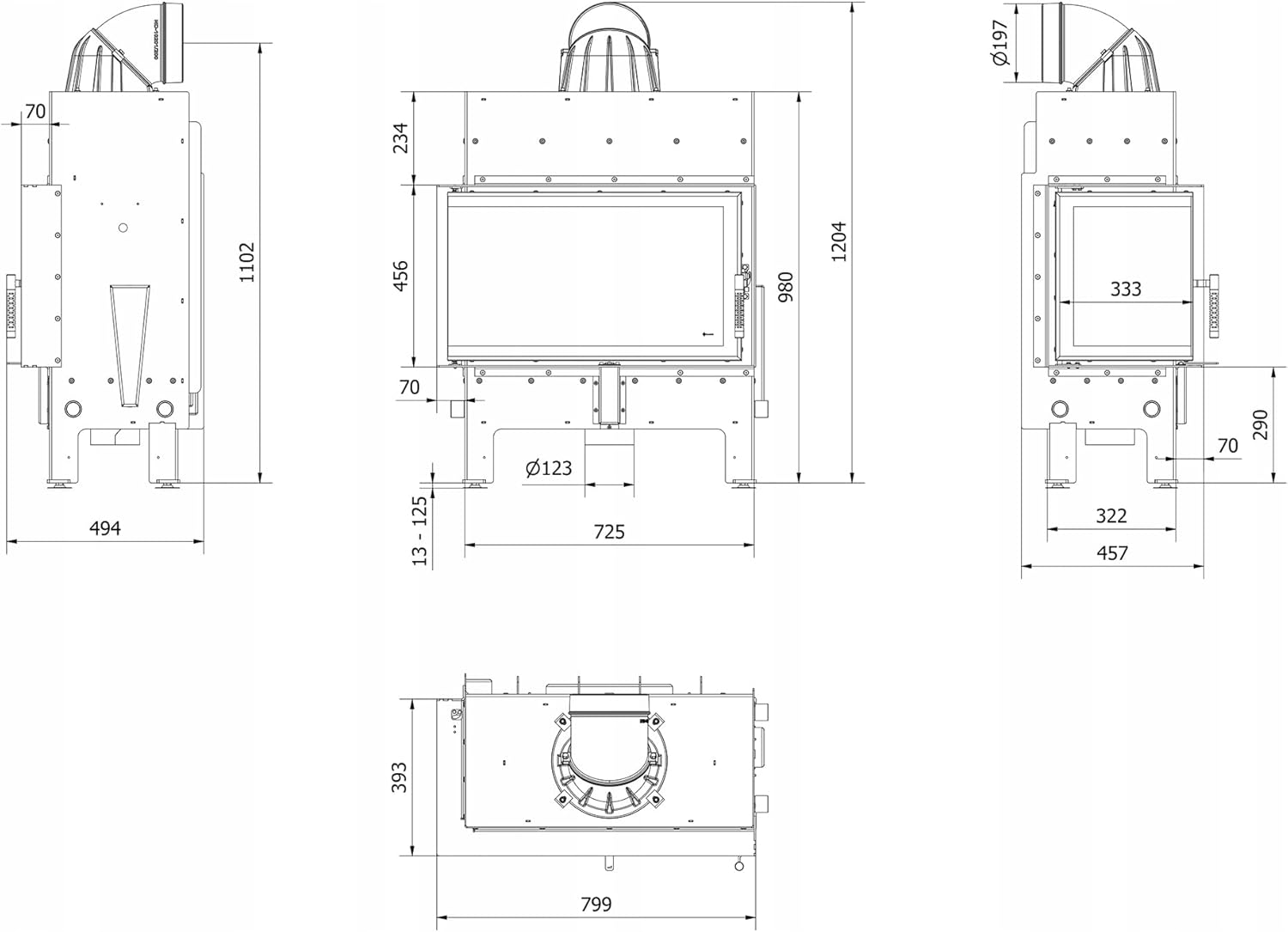 KRATKI Kamineinsatz aus Stahl 10 kW Ø 200 Floki Links -Ecke Kamin mit TERMOTEC, BImSchV Stufe 2 & Ecodesign - Energieklasse A+, Schwarz