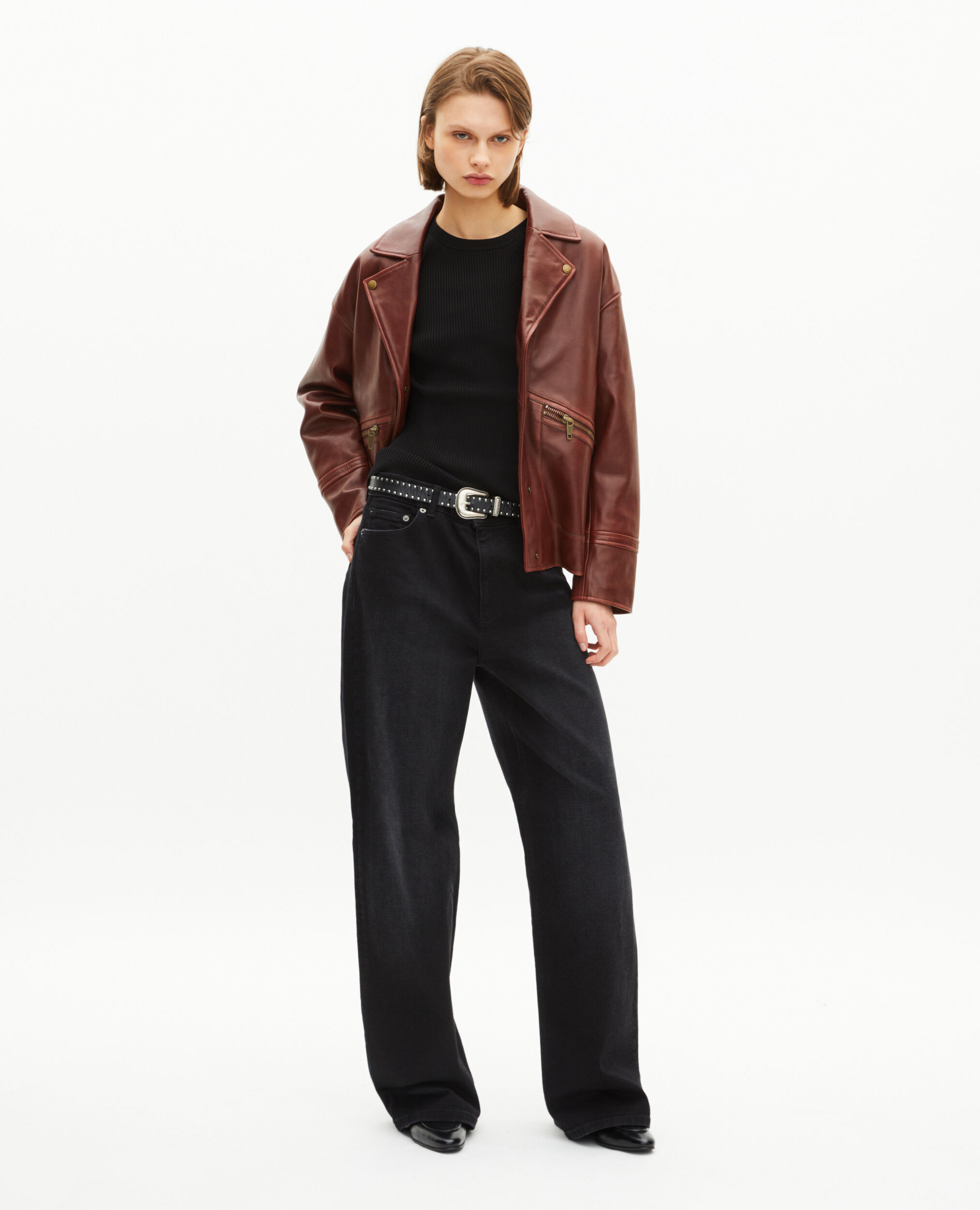 Blouson coupe large en cuir marron