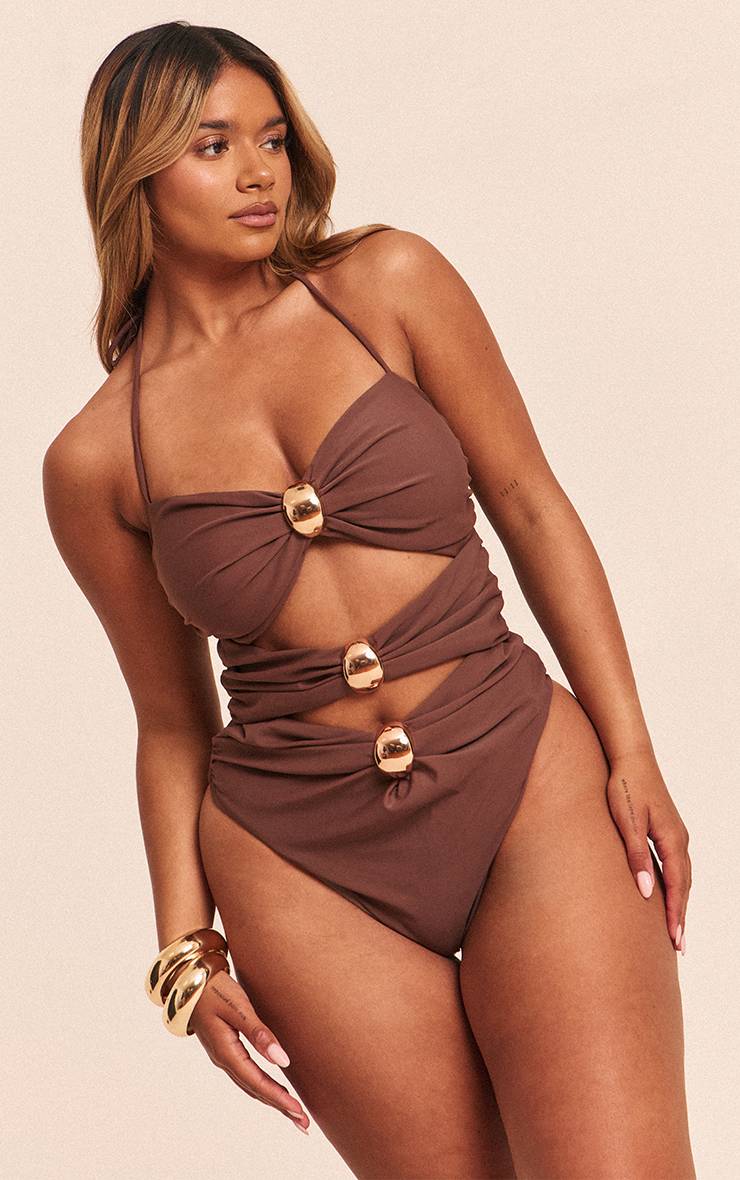 Chocolat Maillot De Bain Forme Galbante À Bretelles Avec Détails Dorés Et Torsade Devant