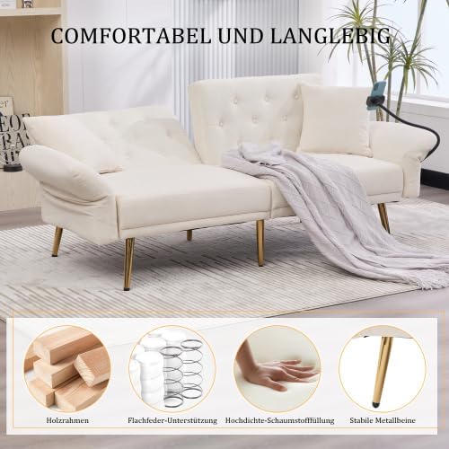 Klappsofa Beige 2-Sitzer mit USB-Anschluss & Seitentasche | Multifunktionales Chenille Sofa für Wohnzimmer, Studenten & Apartment | Schlafsofa mit Verstellbarer Rückenlehne