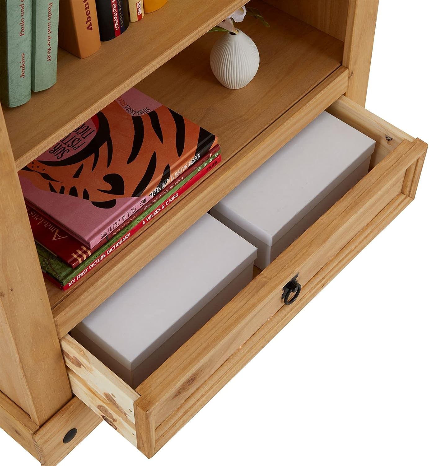 CARO-Möbel Regal Salsa Bücherschrank Bücherregal Mexiko-Stil, Kiefer massiv gebeizt, gewachst, 1 Schublade