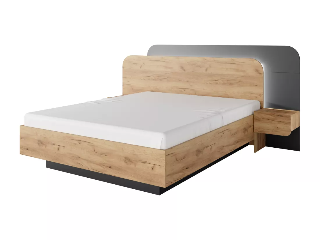 Lit avec chevets 160 x 200 cm - Avec LEDs - Coloris : Naturel et anthracite + Sommier + Matelas - DESADO