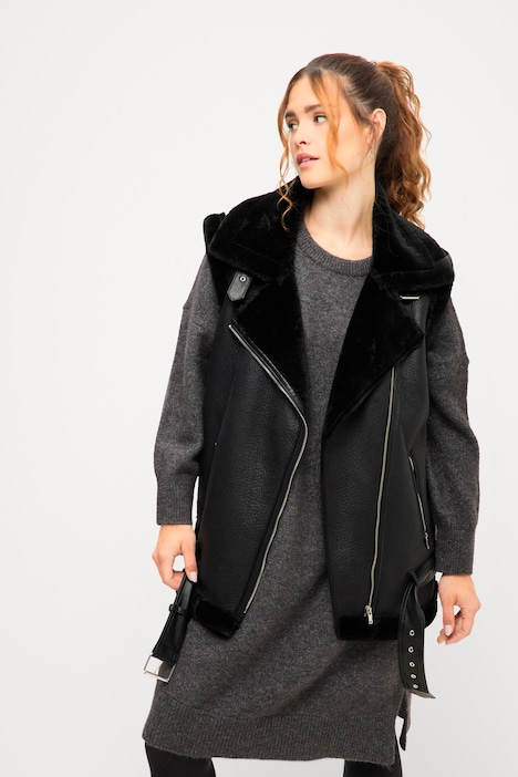 Bikerweste, Shearling, Hemdkragen, schräger Zipper, 2 Zipptaschen