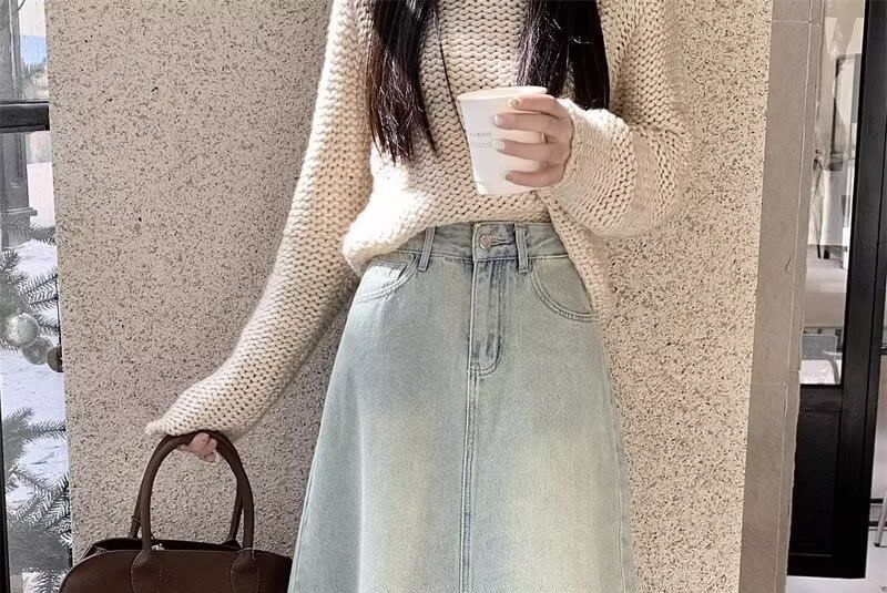 KONGER - Hoge taille gewassen gerafelde maxi A-lijn denim rok