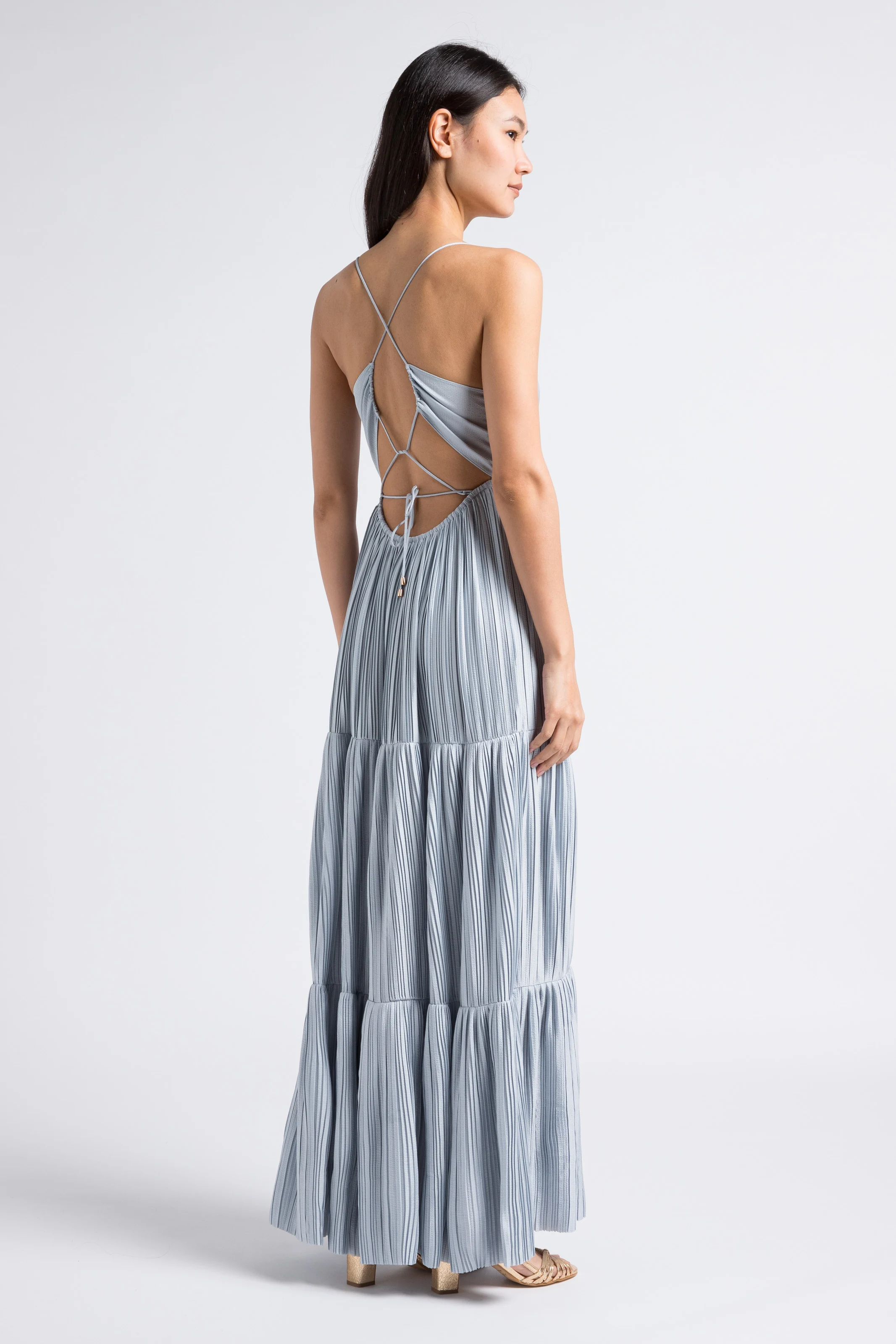 WASTA - Robe longue col V plissée | Bleu