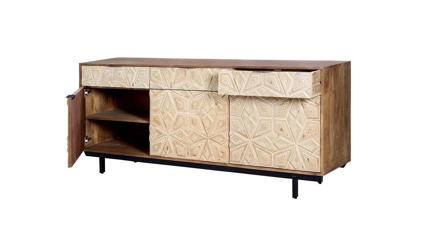 Bahut 3 tiroirs bois, métal marron 183x42x80cm - bois-métal