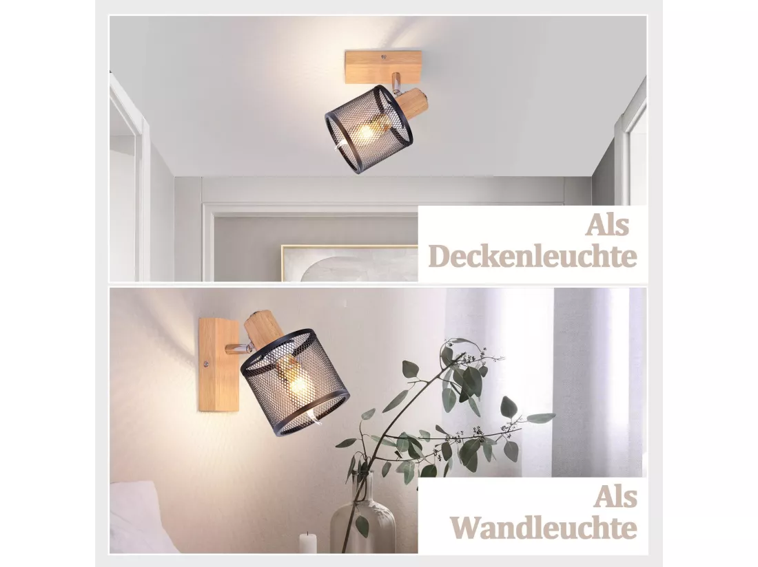 NETTLIFE Plafonnier 1 Spots noir aspect bois - plafonnier E14 orientable 350° 4 ampoules max 40w moderne pour salon chambre cuisine.