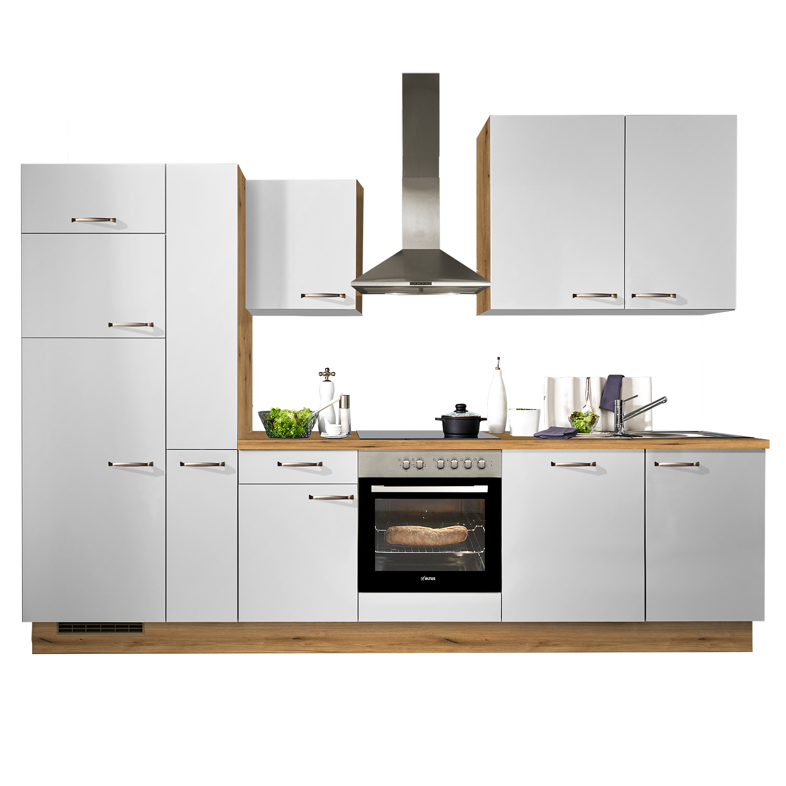 pino Küchenblock PN80 - lichtgrau - Evoke Eiche - mit E-Geräten - Kühlschrank links - 310 cm