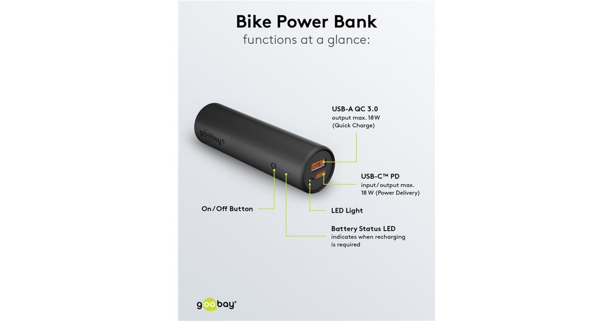 goobayBike-Powerbank 5.0  (Zwart, 5.000 mAh, Power Delivery, Quick Charge)