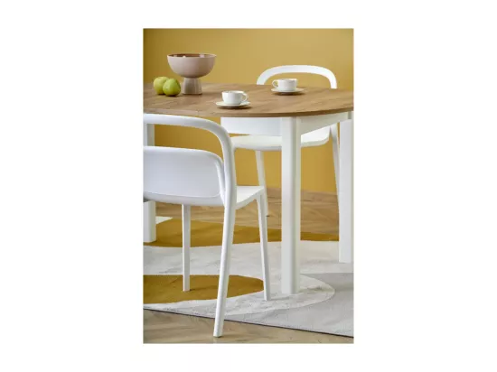 Table à manger ronde 100cm extensible avec plateau aspect chêne et pieds blancs CARENE