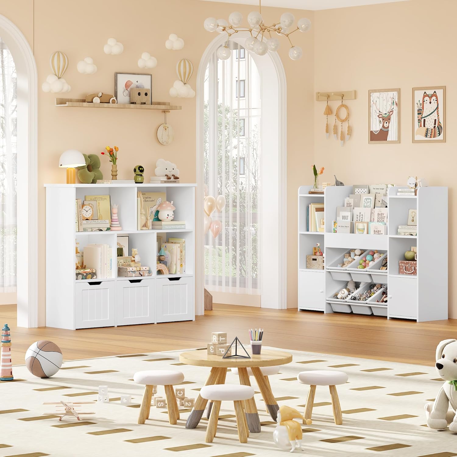 FOREHILL Kinderregal mit Boxen auf Rollen, Kinderzimmer Möbel, Spielzeugregl, Aufbewahrungregal,Bücherregal für Kinder, Kinderschrank, Regal mit 3 Boxen 100x33x89.5cm weiß