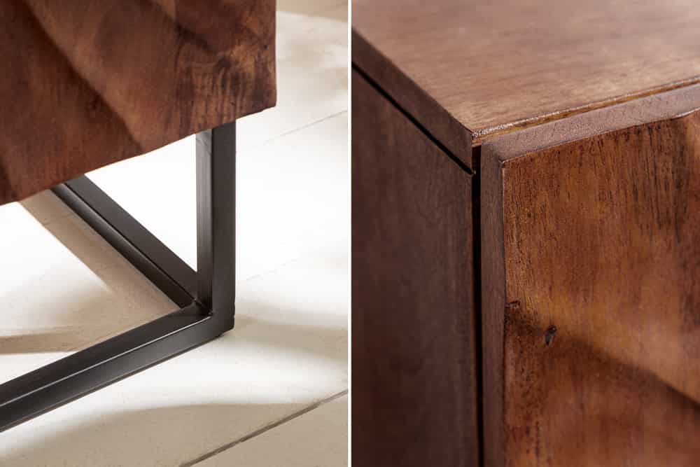 Massives Highboard SCORPION 120cm dunkelbraun Akazie mit 3D Schnitzereien schwarz Metall