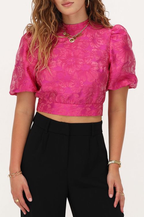 Roze jacquard top met open rug en pofmouwen